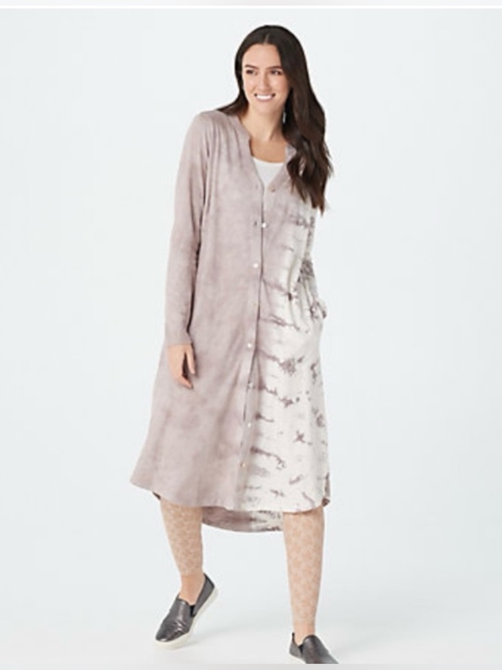 LOGO by Lori Goldstein Women's Slub Knit Duster Dress Dusty Mauve Tie Dye XS